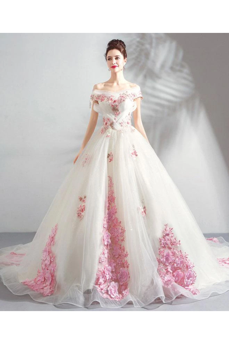 Unique Off The Shoulder Tulle Wedding Dress With Pink Flowers, Ball Gown Wedding Gown