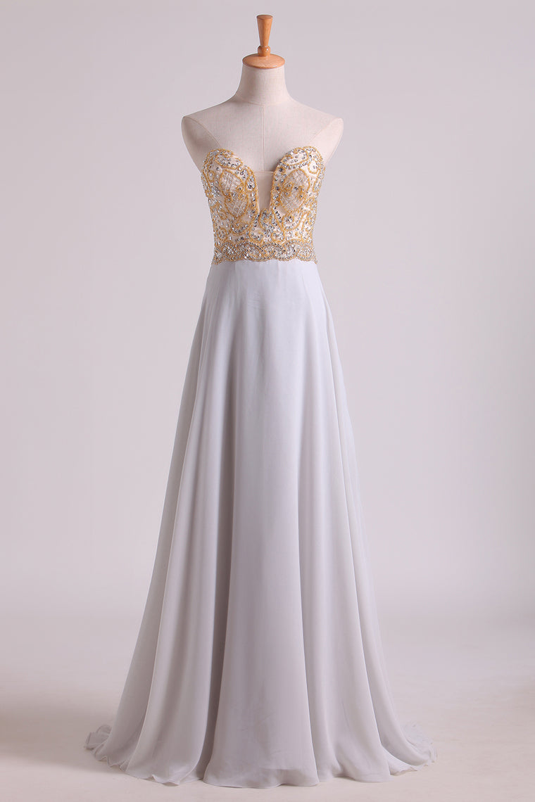 2022 Prom Dresses Sweetheart A Line With Beads Floor Length Chiffon
