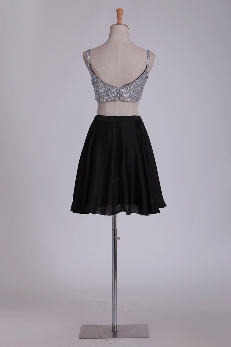 2024 Black Two-Piece Homecoming Dresses Beaded Bodice A-Line Chiffon