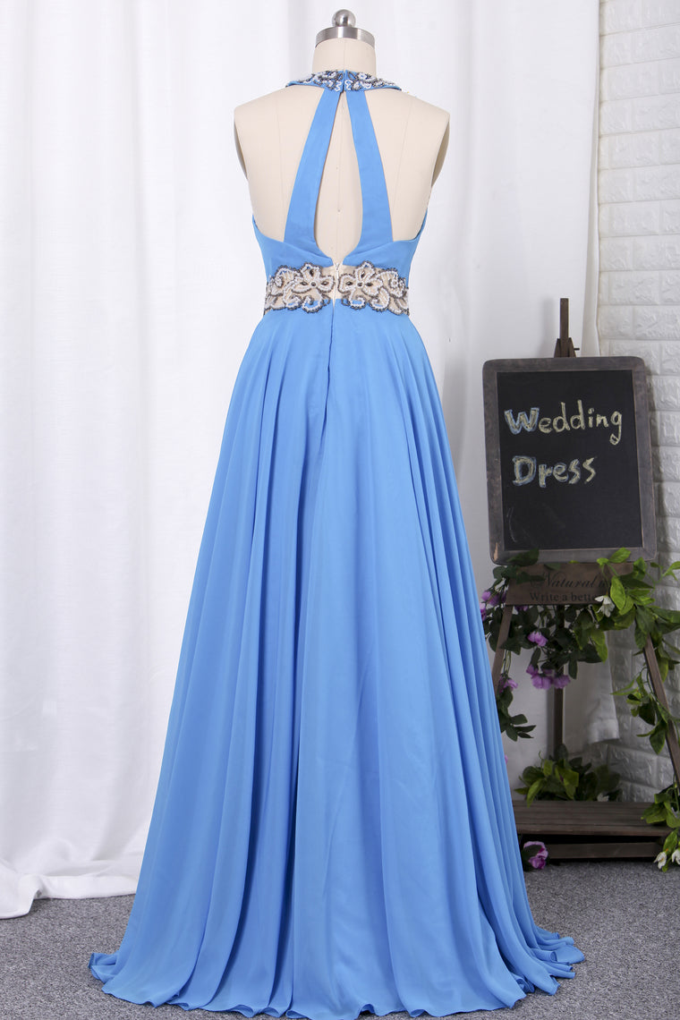 2024 Halter Open Back Prom Dresses A Line Chiffon With Beads And Slit
