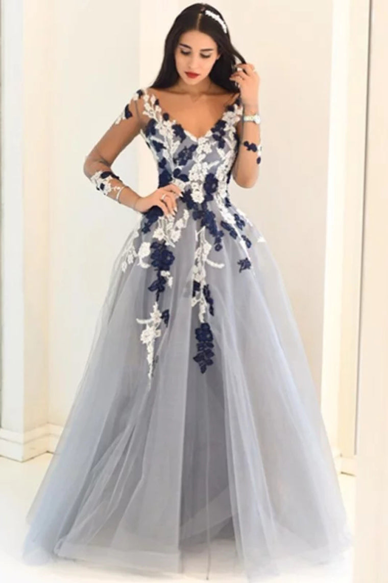 2024 A-Line/Princess V-Neck Long Sleeves Applique Tulle Floor-Length Dresses Evening Dress