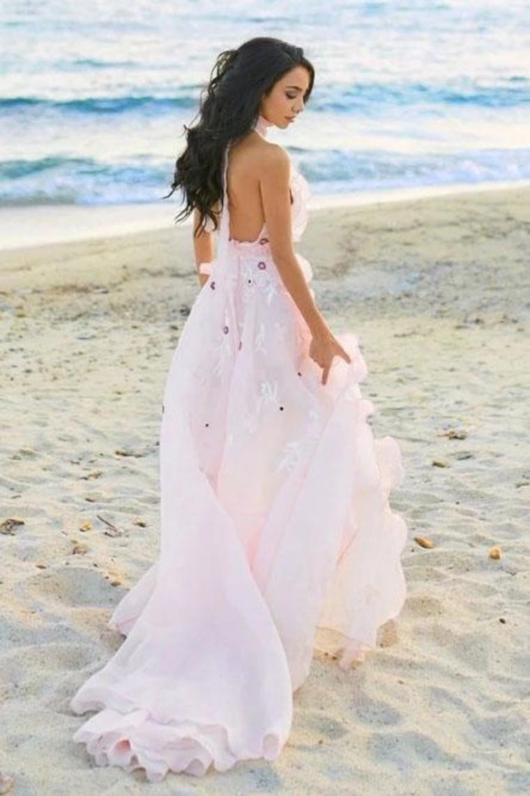 Halter Backless Chiffon Beach Wedding Dresses With Appliques Ruffles