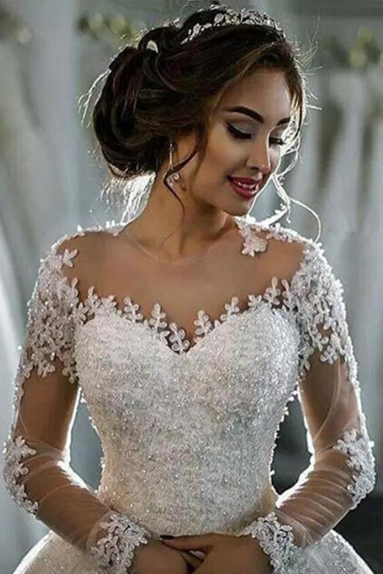 2024 New Arrival Long Sleeves Tulle Wedding Dresses Scoop Neck With Appliques