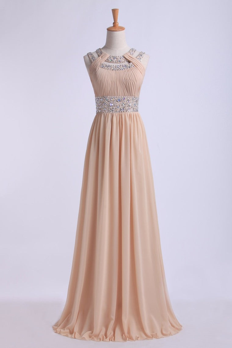 2022 Prom Dresses Scoop A Line Floor-Length Open Back Chiffon With Beading