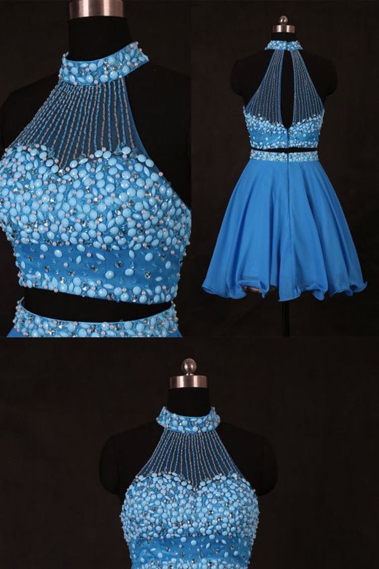2024 A Line/Princess Halter Homecoming Dresses Chiffon Beaded Bodice Two Pieces
