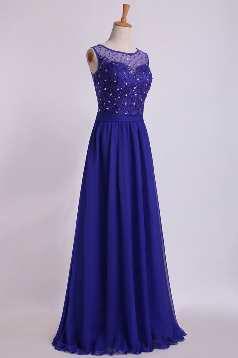 2022 Bateau Prom Dress A Line Floor Length With Embroidery And Beads Chiffon&Tulle