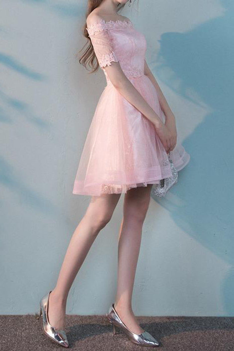 2022 A Line Boat Neck Tulle With Applique Homecoming Dresses Short Sleeves