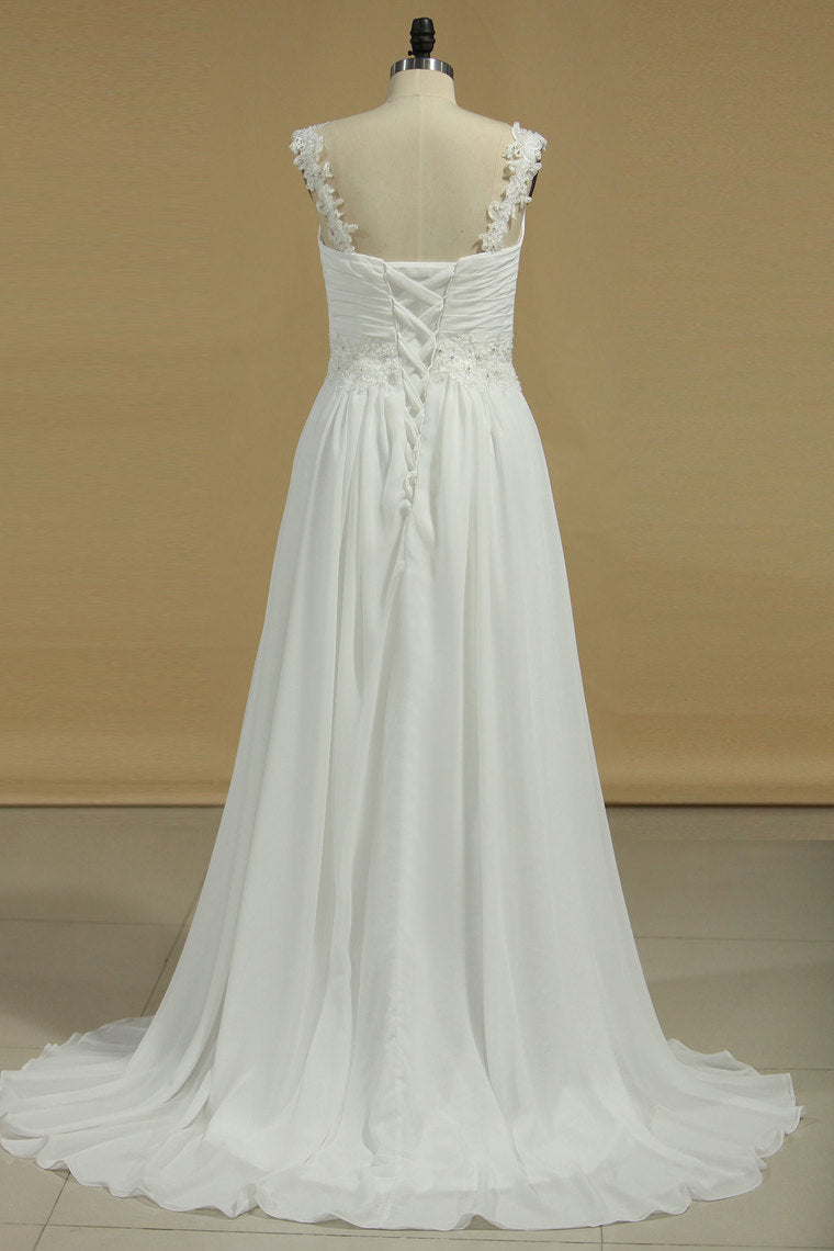 2024 Chiffon Straps A Line Wedding Dresses With Applique And Beads Lace Up