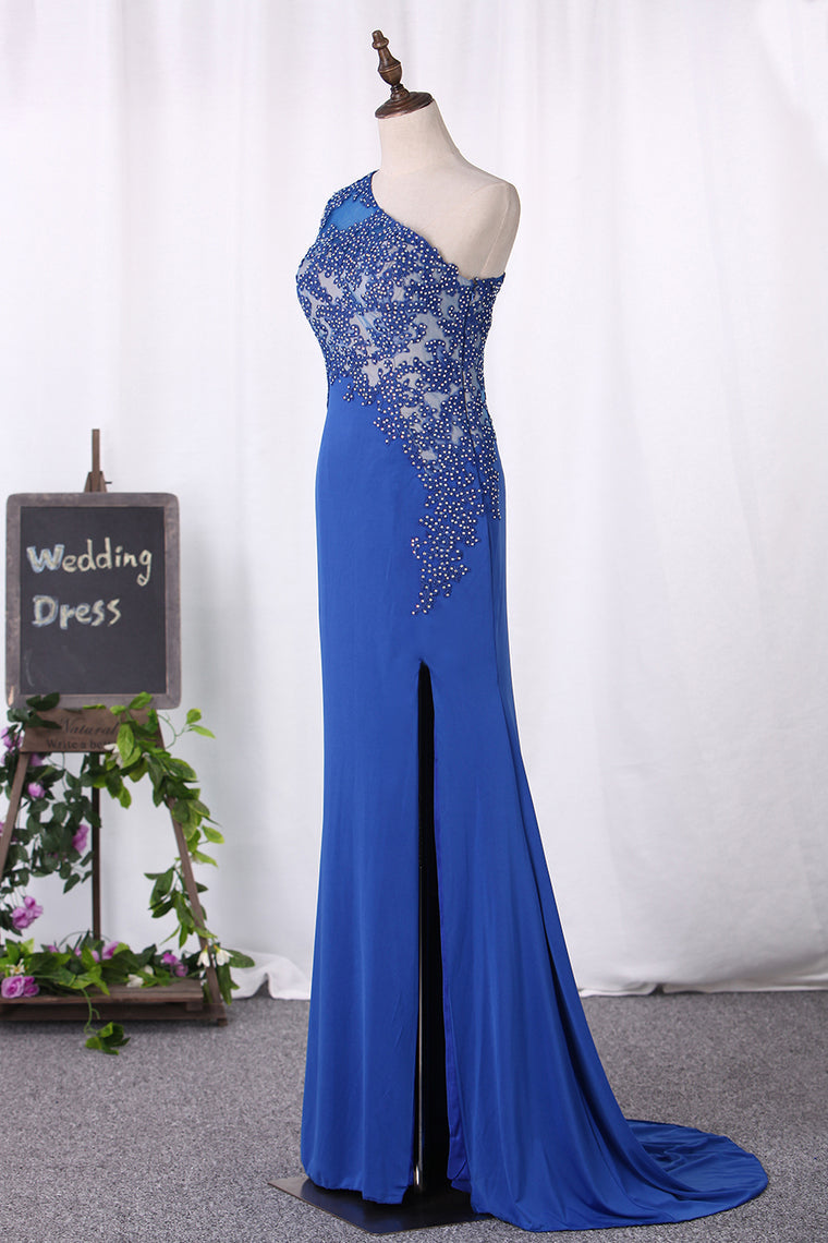 2024 Prom Dresses One Shoulder Mermaid With Applique And Slit Spandex