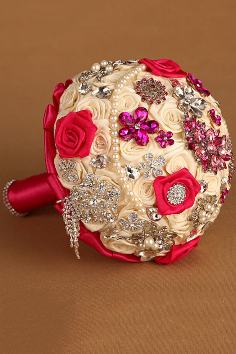 Round Shape Ribbon Roses With Rhinestone Brooch Wedding Bouquet (27*20cm)