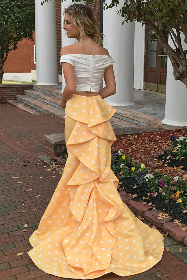 Pretty Ivroy And Yellow Long Mermaid Modest Prom Dresses Prom Gowns