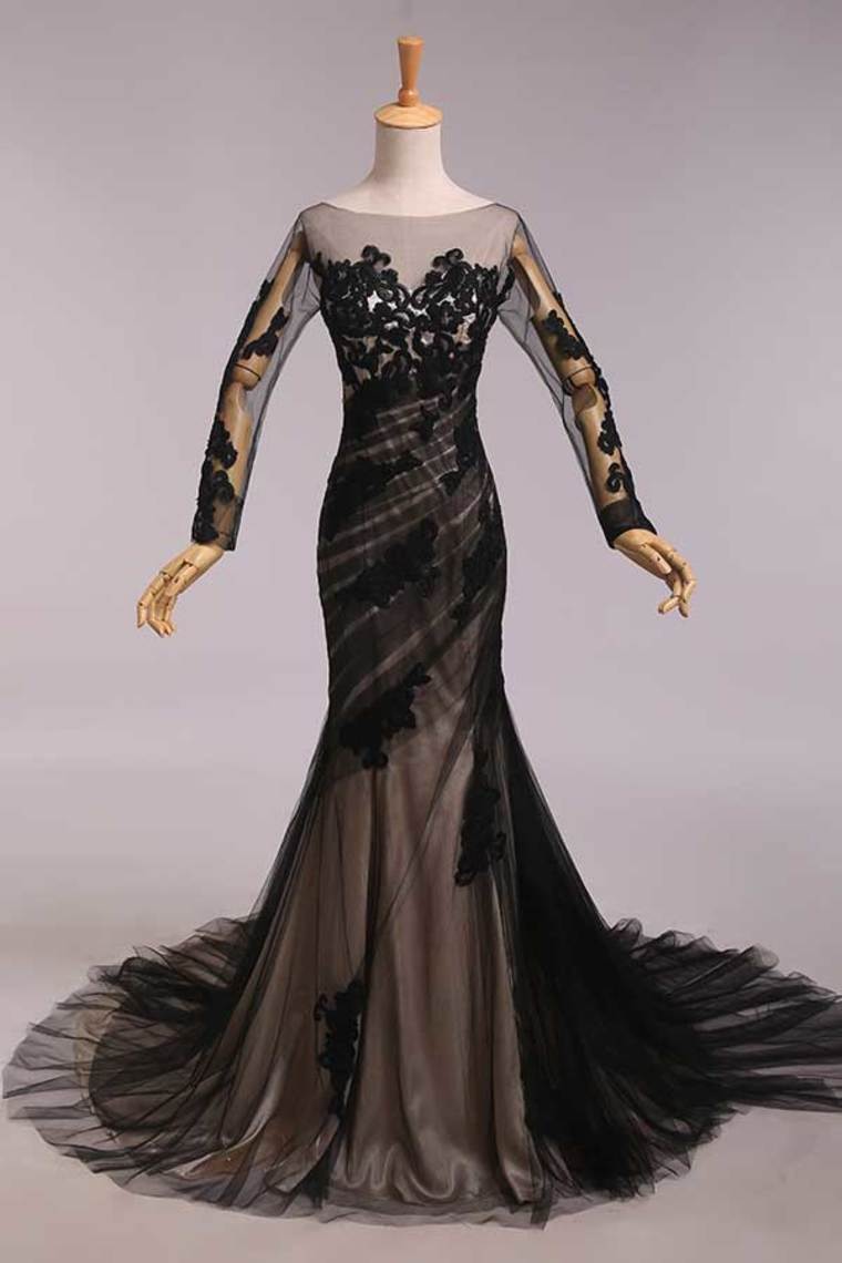 2022 Elegant Evening Dresses Mermaid Black Scoop Tulle With Applique Chic Mother Of Bridal Dresses