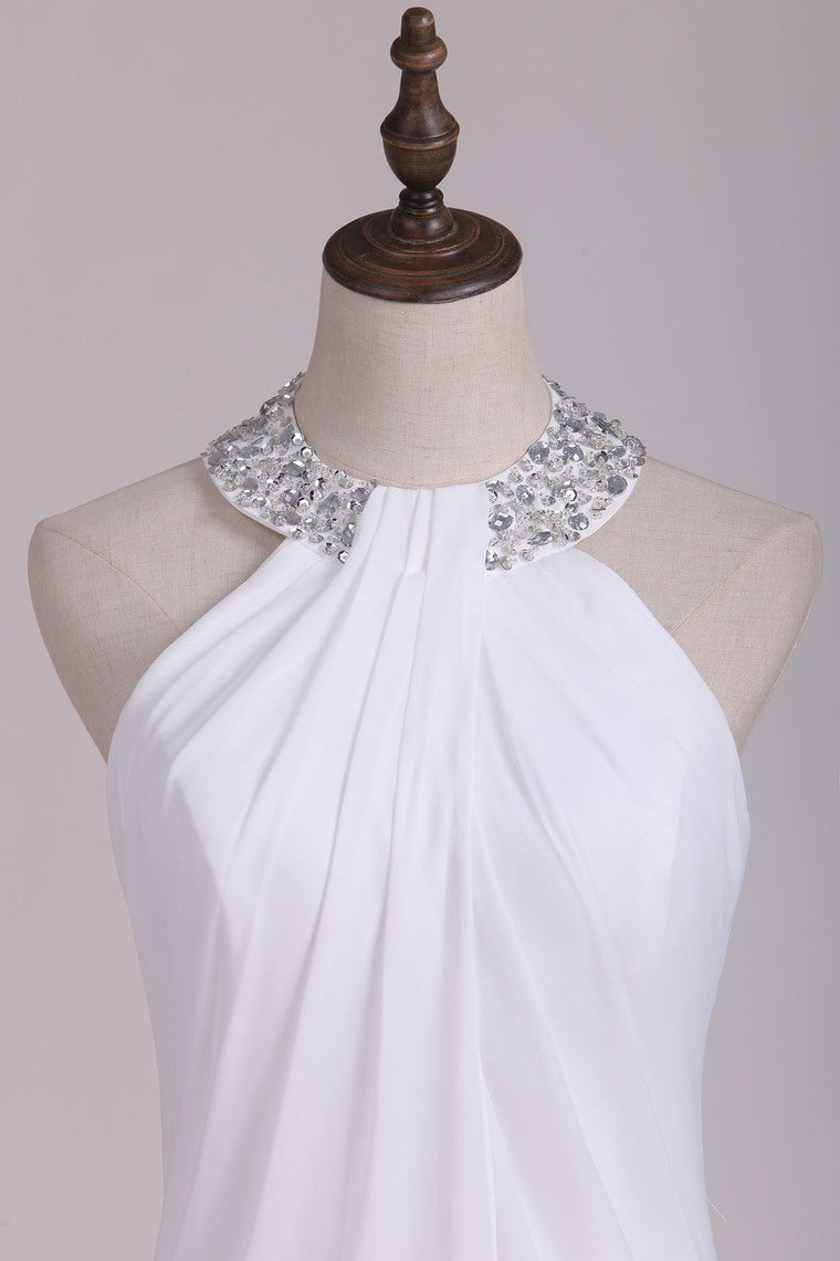 2022 White Halter Bridesmaid Dresses With Beading Floor Length Chiffon
