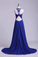 2024 Unique Dark Royal Blue Prom Dress Scoop A Line Chiffon With Beads&Ruffles