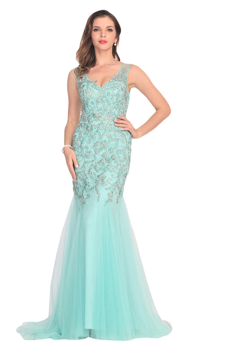 2022 New Arrival V Neck Tulle With Applique And Beads Mermaid Prom Dresses