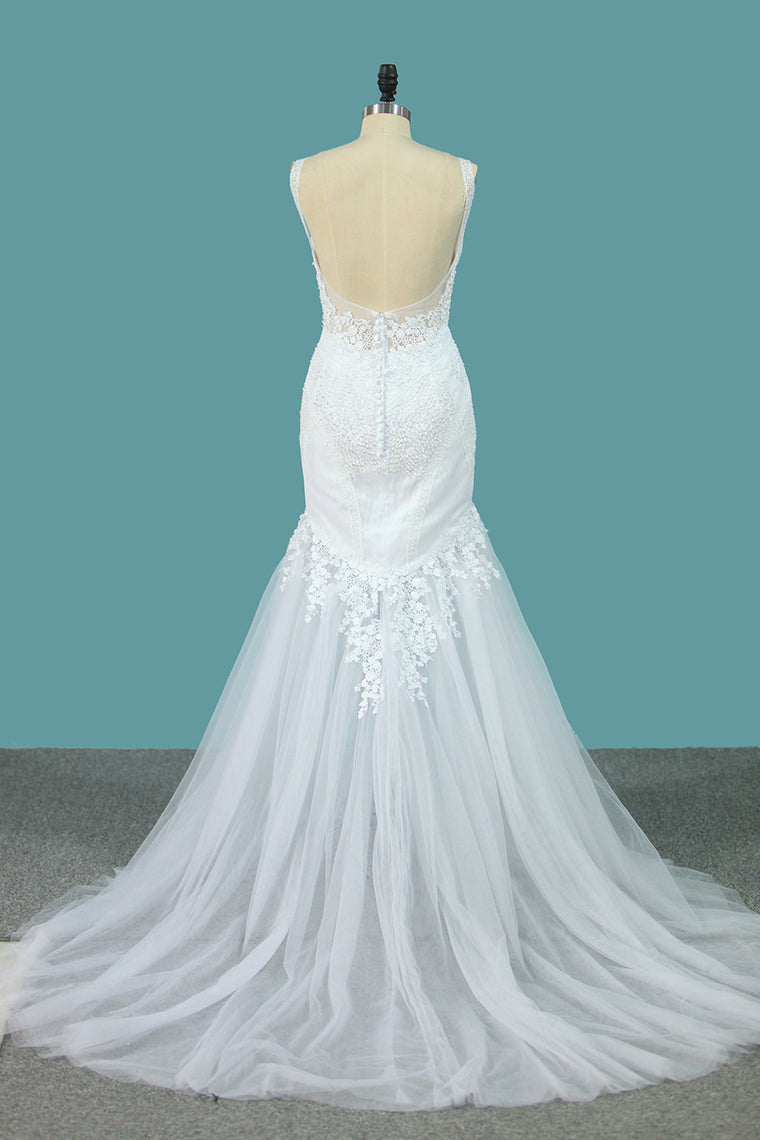 2024 Spaghetti Straps Tulle Mermaid Wedding Dresses With Applique Open Back