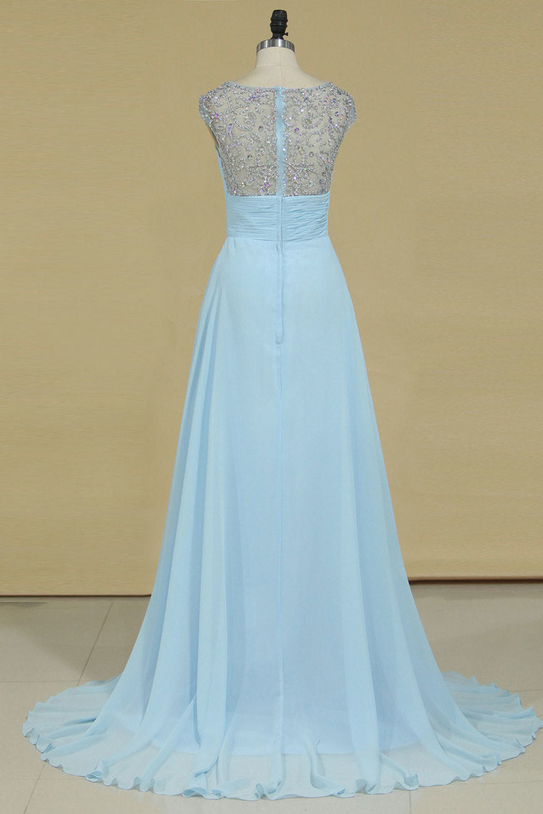 2022 A Line Prom Dresses Scoop Chiffon With Ruffles And Beads