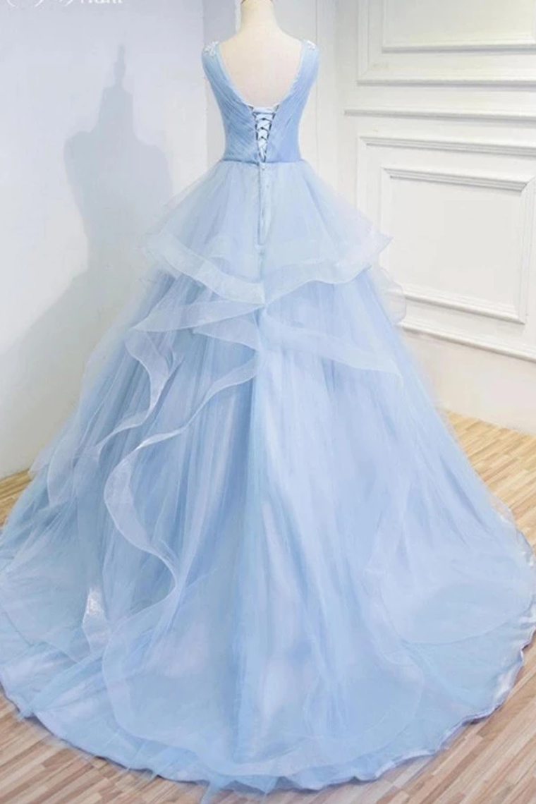 Puffy V Neck Sleeveless Tulle Prom Dress With Appliques, Quinceanera Dress