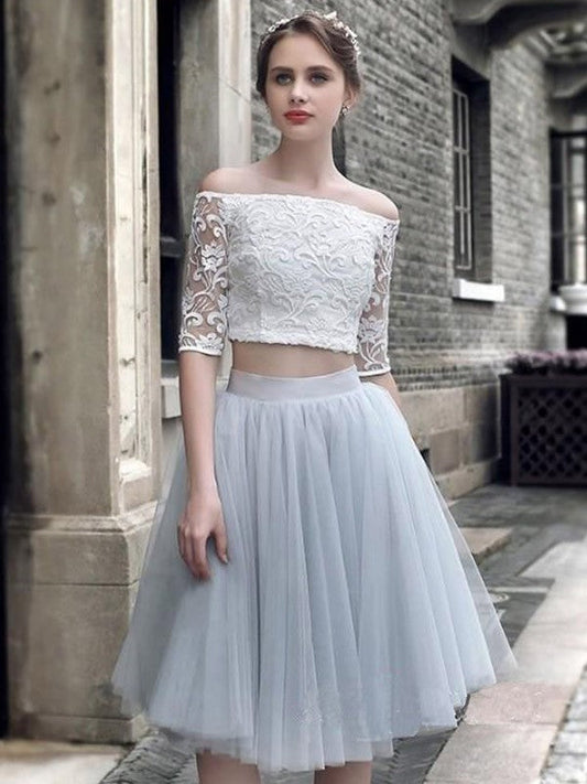 A-Line/Princess Tulle Homecoming Dresses Hadley Ruched Off-The-Shoulder 1/2 Sleeves Knee-Length Two Piece Dresses