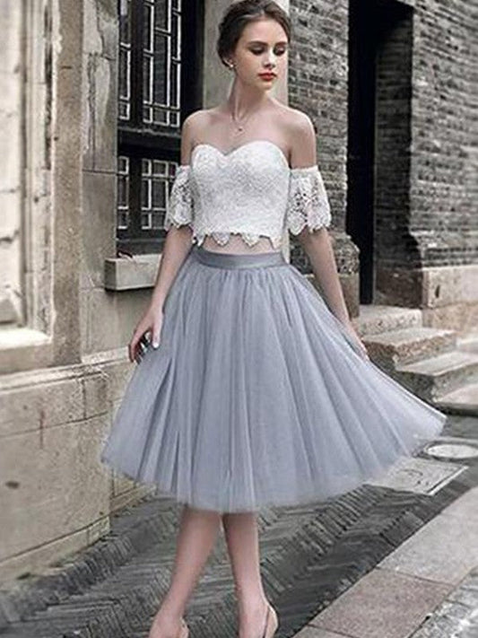 A-Line/Princess Sweetheart Tulle Sleeveless Lace Homecoming Dresses Brooklynn Tea-Length Two Piece Dresses