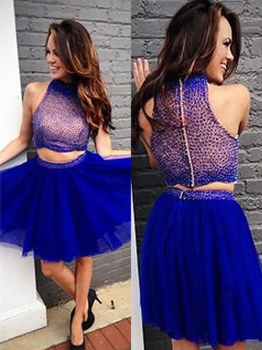 A-Line/Princess Sleeveless High Neck Beading Mariam Homecoming Dresses Tulle Short/Mini Two Piece Dresses