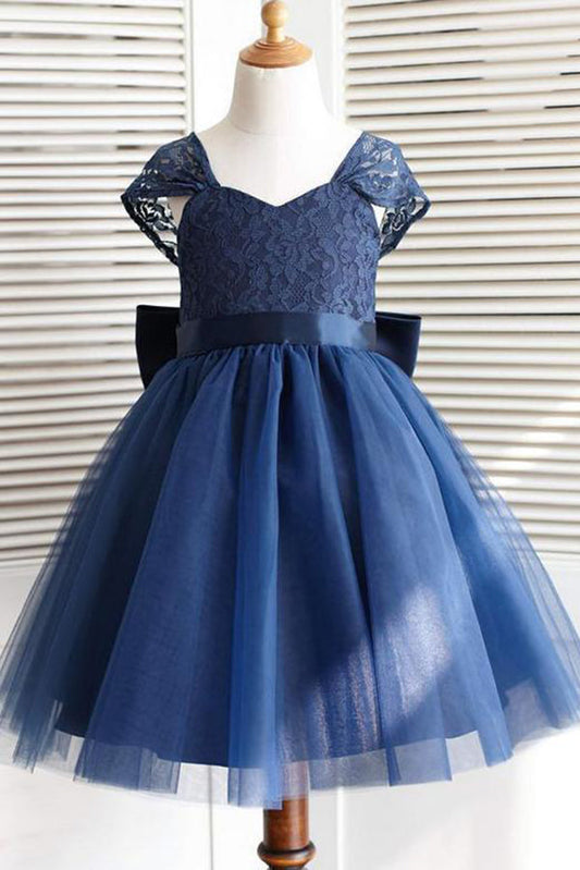Navy Blue Cap Sleeves With Bowkont Lace Appliques Flower Girl Dresses